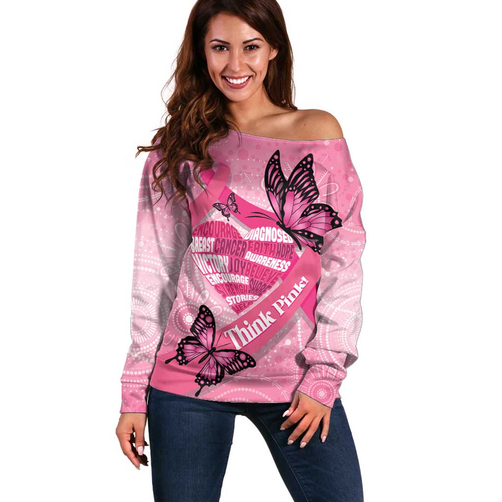Australia Breast Cancer Awareness Month Off Shoulder Sweater Pink Ribbon Mix Butterflies