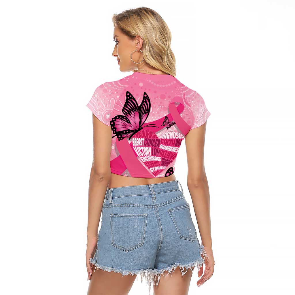 Australia Breast Cancer Awareness Month Raglan Cropped T Shirt Pink Ribbon Mix Butterflies