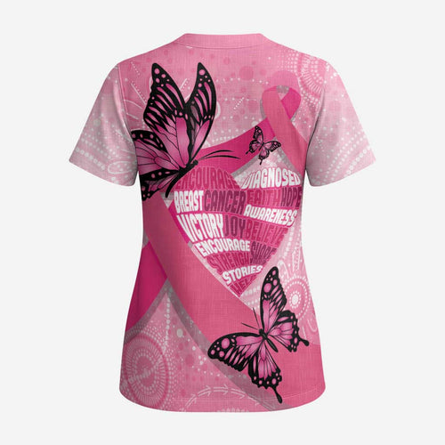 Australia Breast Cancer Awareness Month Scrub Top Pink Ribbon Mix Butterflies - Aussie Hoodie