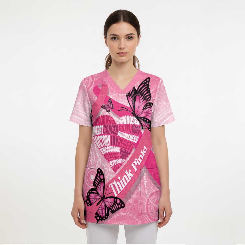 Australia Breast Cancer Awareness Month Scrub Top Pink Ribbon Mix Butterflies - Aussie Hoodie