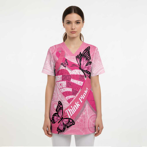 Australia Breast Cancer Awareness Month Scrub Top Pink Ribbon Mix Butterflies - Aussie Hoodie