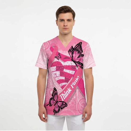 Australia Breast Cancer Awareness Month Scrub Top Pink Ribbon Mix Butterflies - Aussie Hoodie