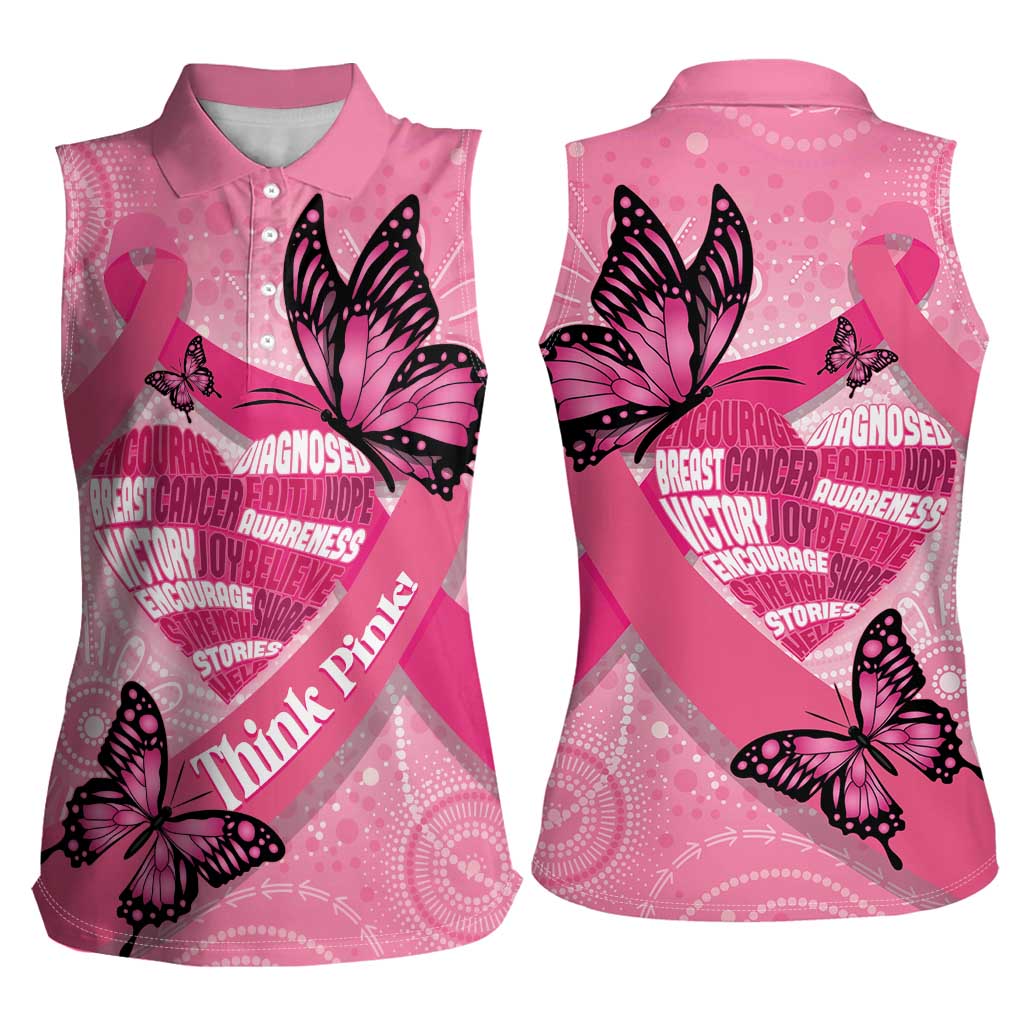 Australia Breast Cancer Awareness Month Women Sleeveless Polo Shirt Pink Ribbon Mix Butterflies