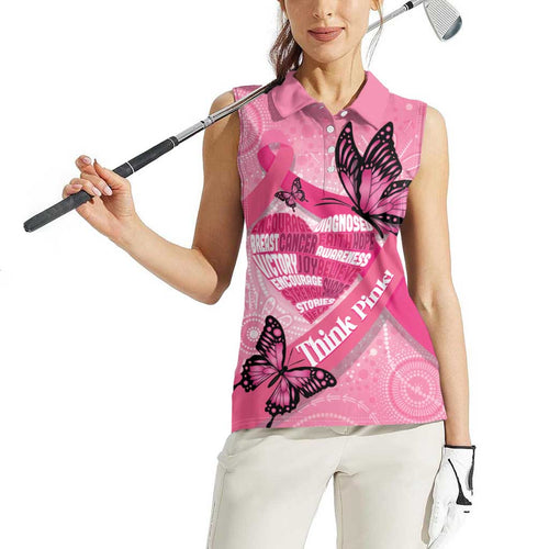 Australia Breast Cancer Awareness Month Women Sleeveless Polo Shirt Pink Ribbon Mix Butterflies