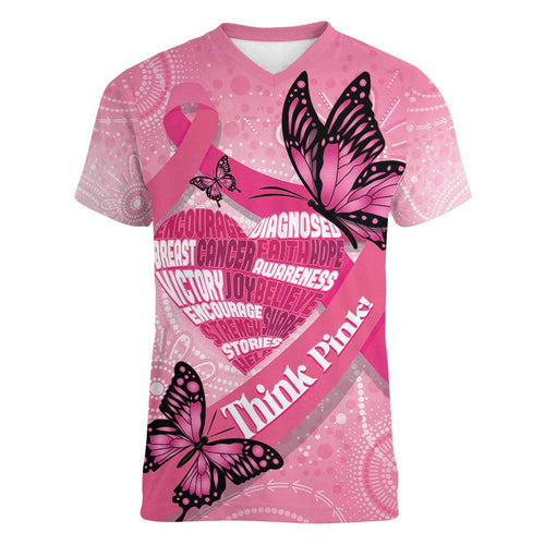 Australia Breast Cancer Awareness Month Women V-Neck T-Shirt Pink Ribbon Mix Butterflies