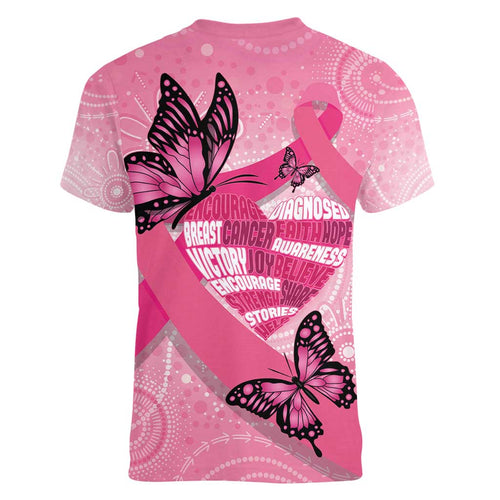 Australia Breast Cancer Awareness Month Women V-Neck T-Shirt Pink Ribbon Mix Butterflies