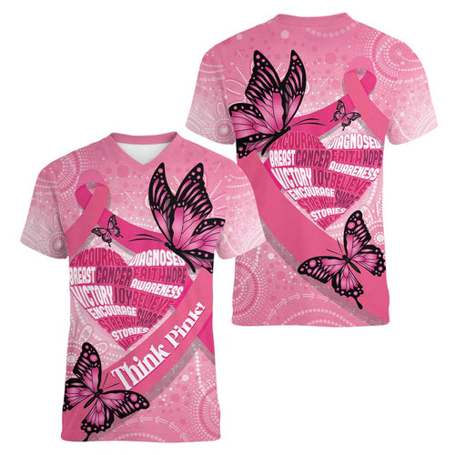 Australia Breast Cancer Awareness Month Women V-Neck T-Shirt Pink Ribbon Mix Butterflies