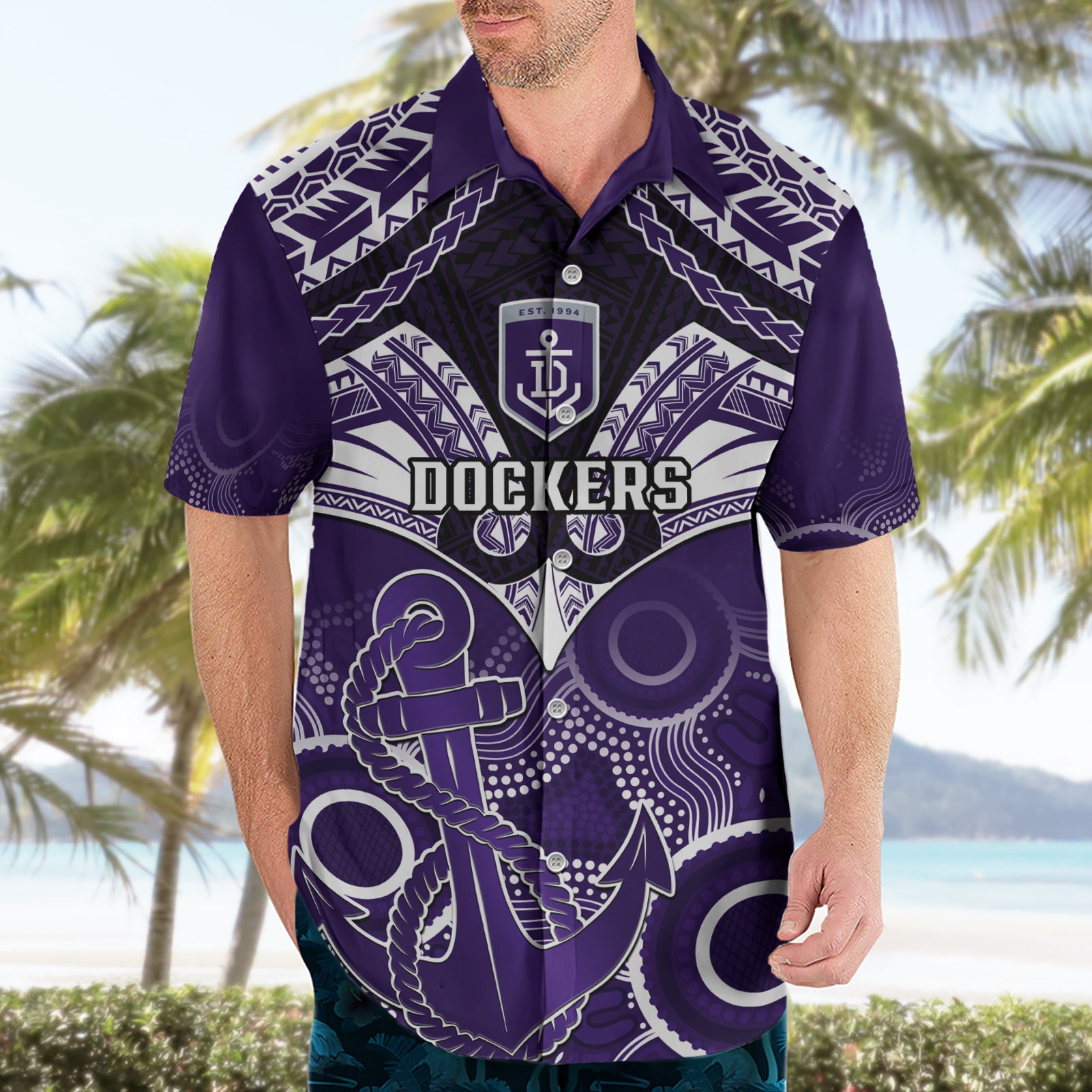 Dockers Football Hawaiian Shirt Fremantle Aboriginal Mix Polynesian Pattern LT14