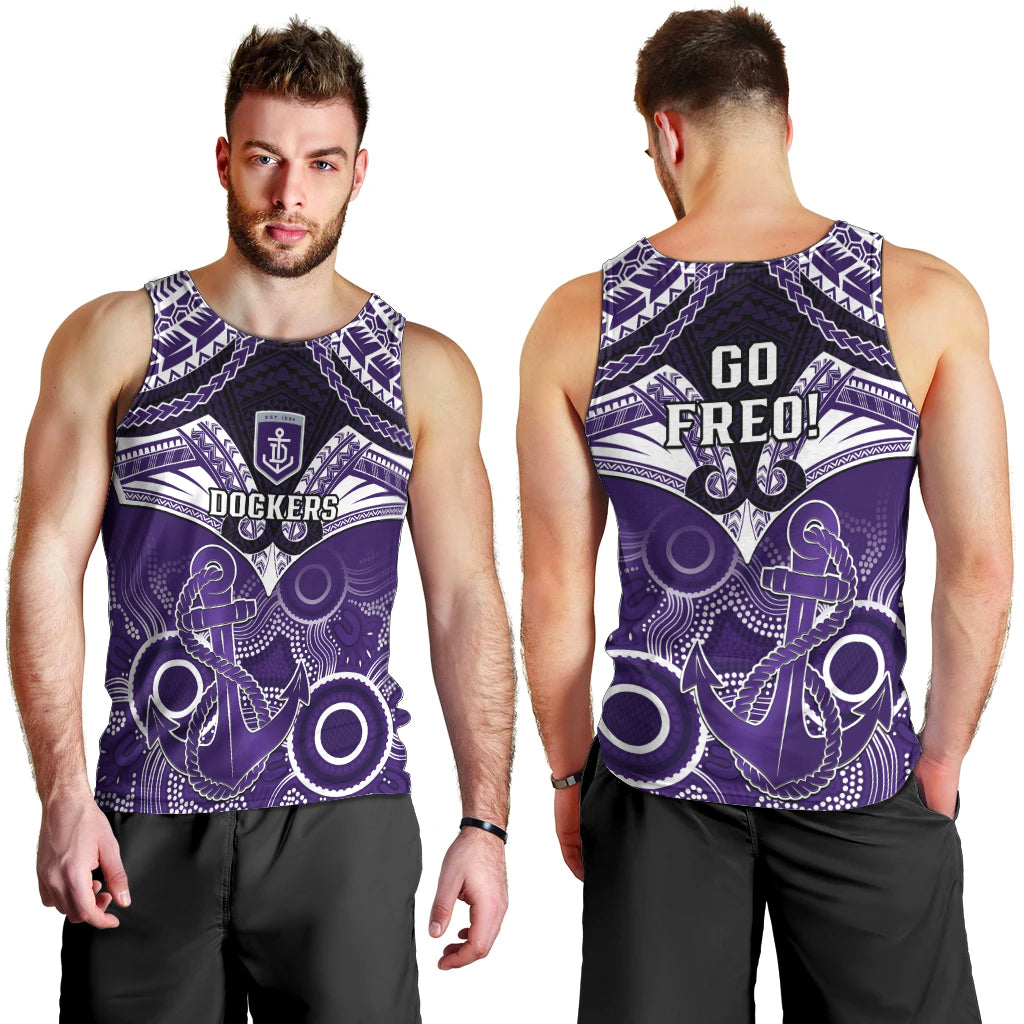 Dockers Football Men Tank Top Fremantle Aboriginal Mix Polynesian Pattern LT14
