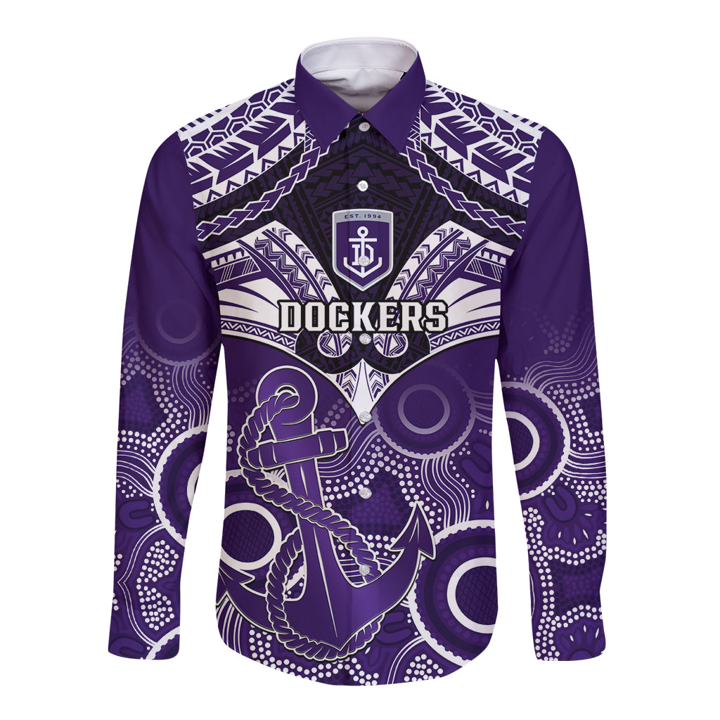 Personalised Dockers Football Long Sleeve Button Shirt Fremantle Aboriginal Mix Polynesian Pattern LT14