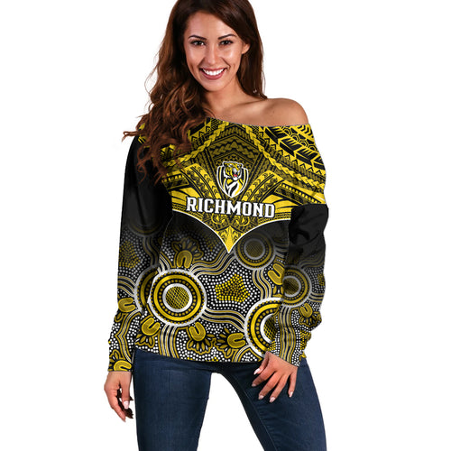 Richmond Football Off Shoulder Sweater Tigers Aboriginal Mix Polynesian Pattern LT14