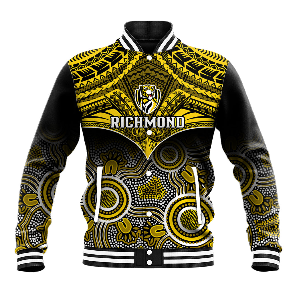 Personalised Richmond Football Baseball Jacket Tigers Aboriginal Mix Polynesian Pattern LT14