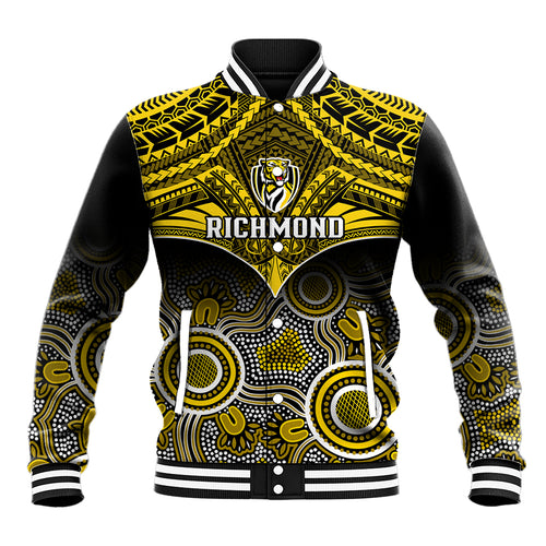 Personalised Richmond Football Baseball Jacket Tigers Aboriginal Mix Polynesian Pattern LT14