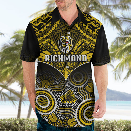 Personalised Richmond Football Hawaiian Shirt Tigers Aboriginal Mix Polynesian Pattern LT14
