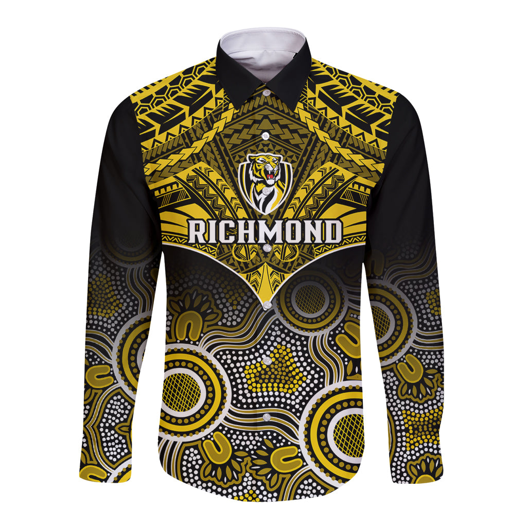Personalised Richmond Football Long Sleeve Button Shirt Tigers Aboriginal Mix Polynesian Pattern LT14