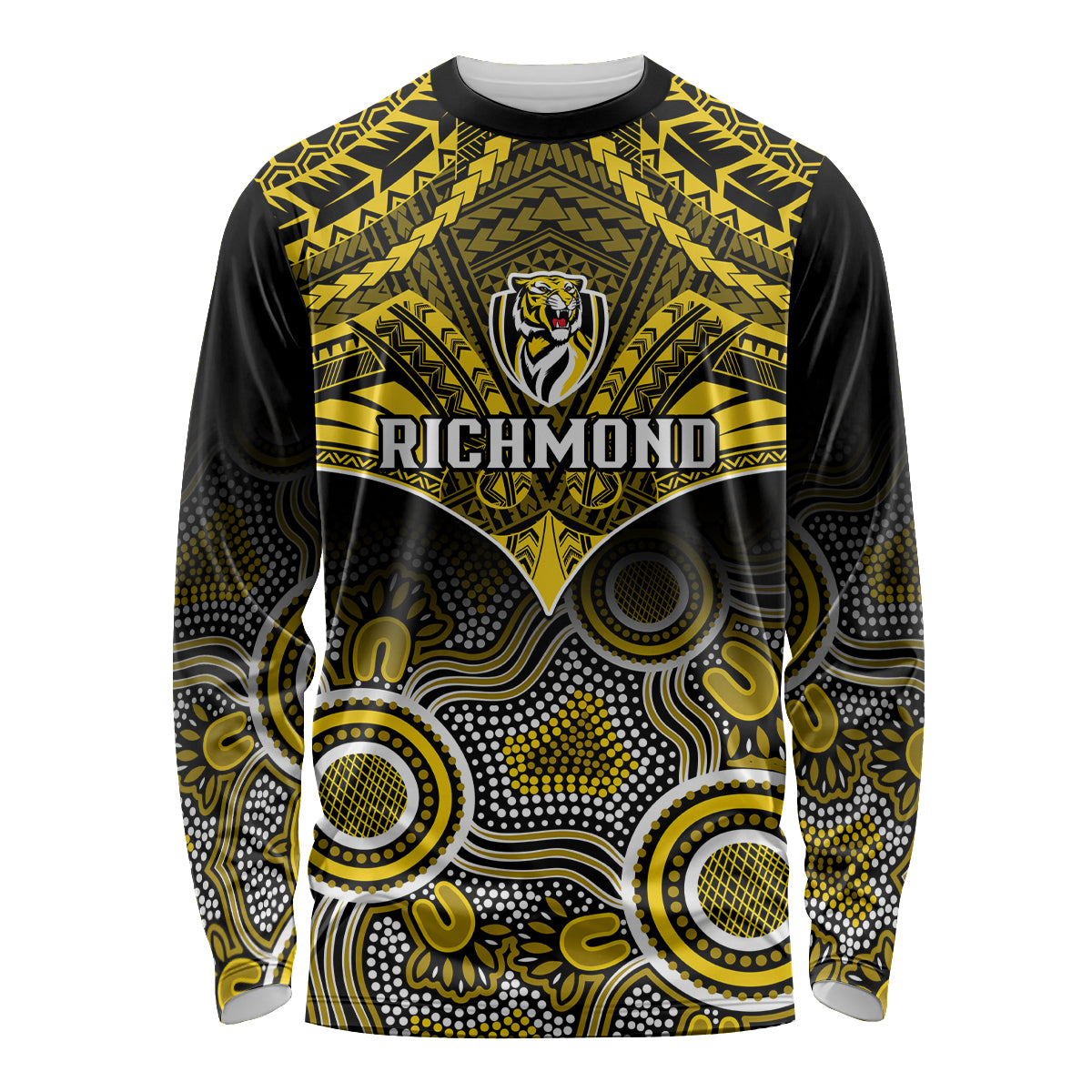 Personalised Richmond Football Long Sleeve Shirt Tigers Aboriginal Mix Polynesian Pattern LT14