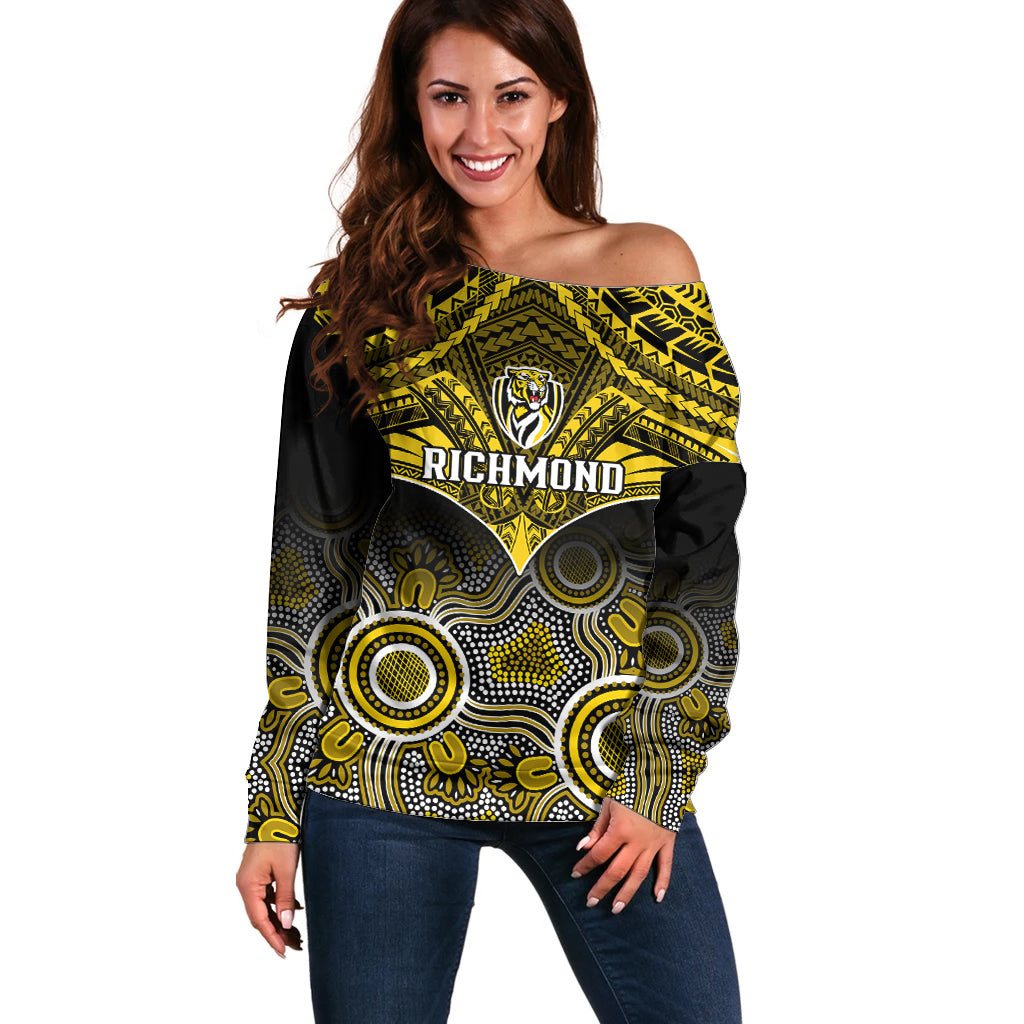 Personalised Richmond Football Off Shoulder Sweater Tigers Aboriginal Mix Polynesian Pattern LT14