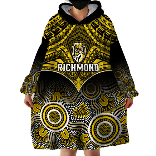 Personalised Richmond Football Wearable Blanket Hoodie Tigers Aboriginal Mix Polynesian Pattern LT14