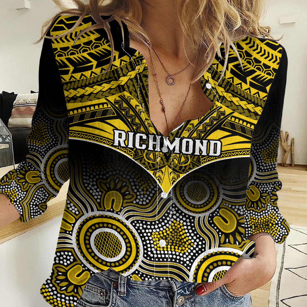 Personalised Richmond Football Women Casual Shirt Tigers Aboriginal Mix Polynesian Pattern LT14