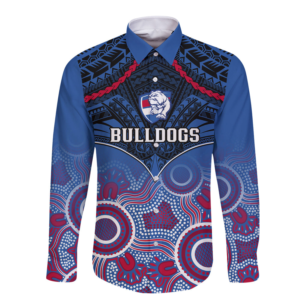 Bulldogs Football Long Sleeve Button Shirt Doggies Aboriginal Mix Polynesian Pattern LT14