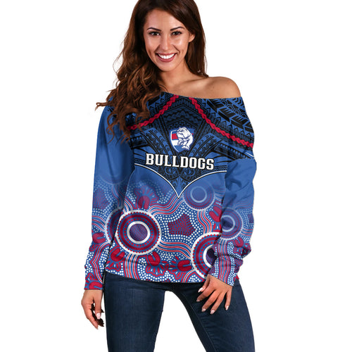 Bulldogs Football Off Shoulder Sweater Doggies Aboriginal Mix Polynesian Pattern LT14