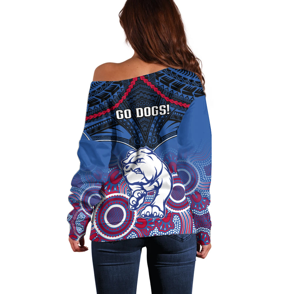 Bulldogs Football Off Shoulder Sweater Doggies Aboriginal Mix Polynesian Pattern LT14