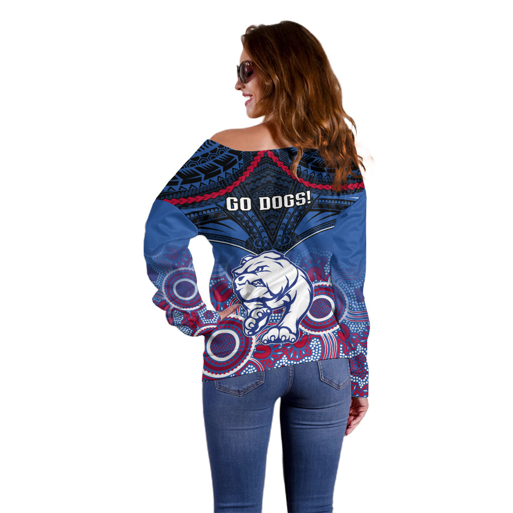 Bulldogs Football Off Shoulder Sweater Doggies Aboriginal Mix Polynesian Pattern LT14