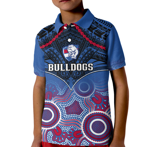 Personalised Bulldogs Football Kid Polo Shirt Doggies Aboriginal Mix Polynesian Pattern LT14