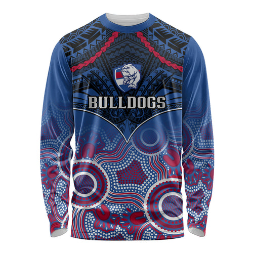 Personalised Bulldogs Football Long Sleeve Shirt Doggies Aboriginal Mix Polynesian Pattern LT14