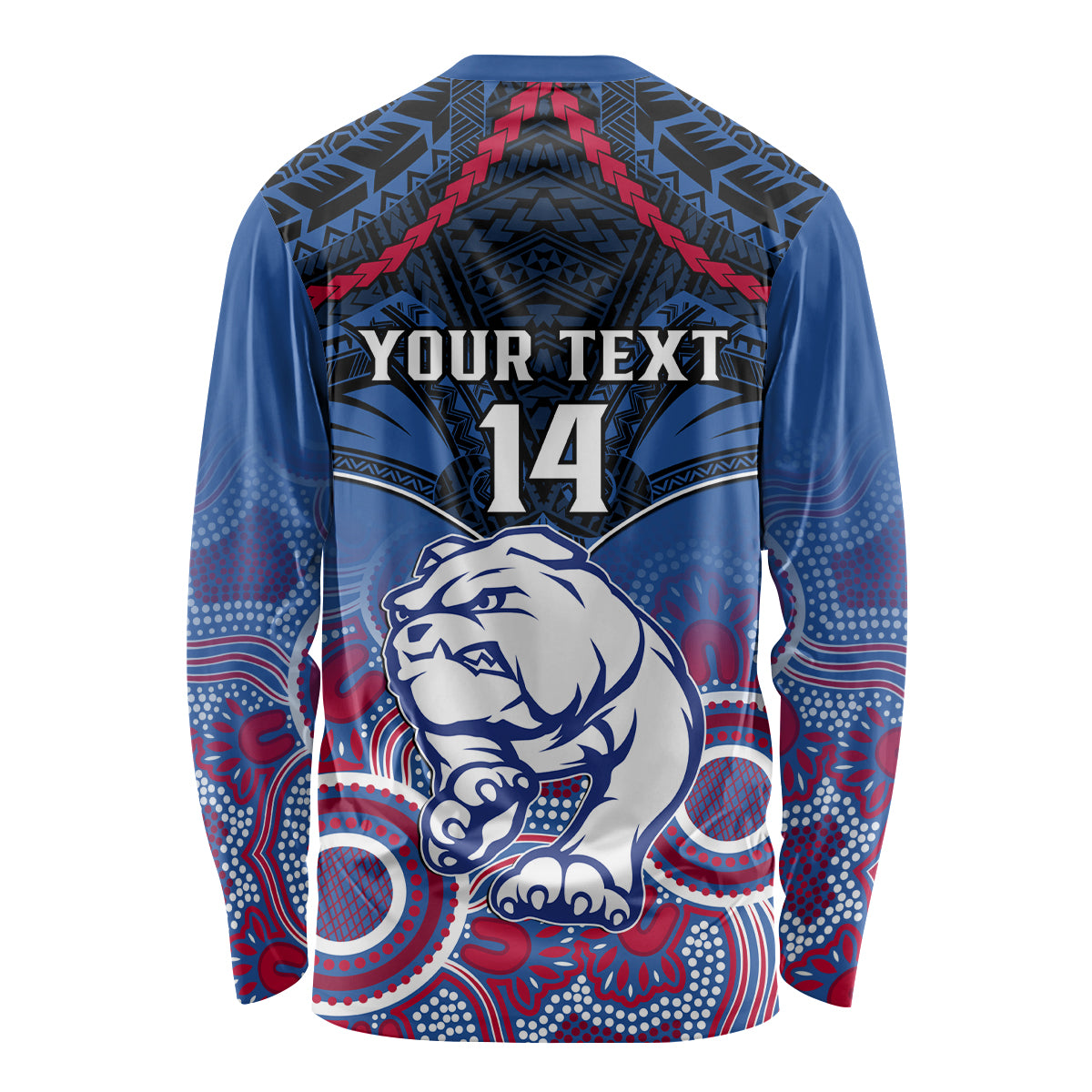 Personalised Bulldogs Football Long Sleeve Shirt Doggies Aboriginal Mix Polynesian Pattern LT14