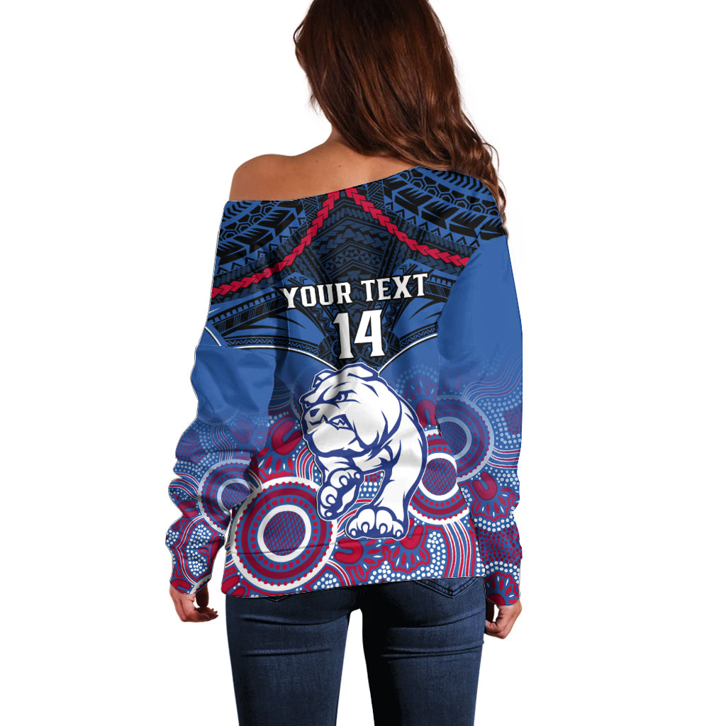Personalised Bulldogs Football Off Shoulder Sweater Doggies Aboriginal Mix Polynesian Pattern LT14