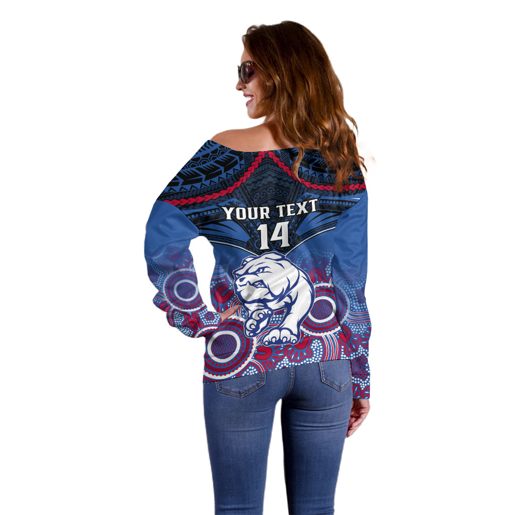 Personalised Bulldogs Football Off Shoulder Sweater Doggies Aboriginal Mix Polynesian Pattern LT14