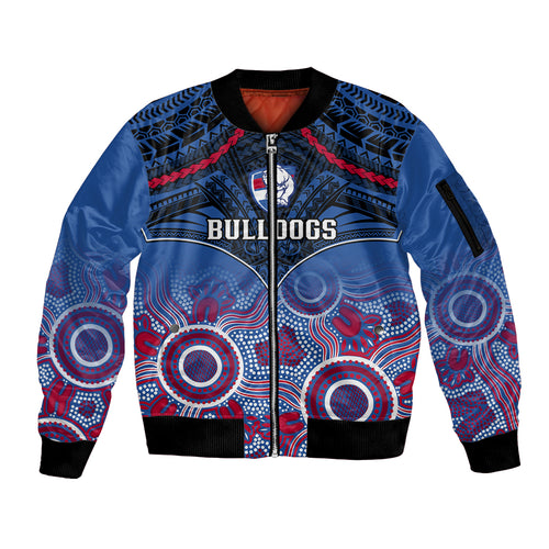 Personalised Bulldogs Football Sleeve Zip Bomber Jacket Doggies Aboriginal Mix Polynesian Pattern LT14