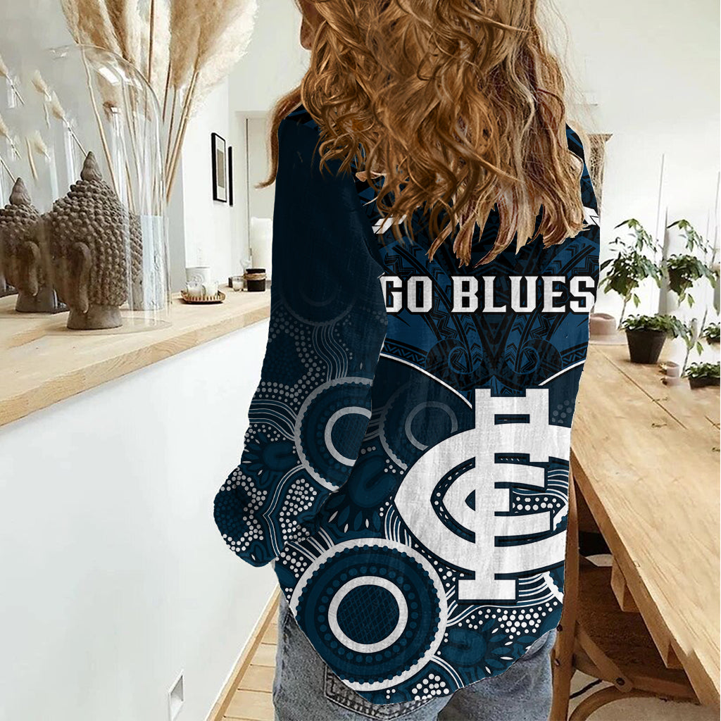 Carlton Football Women Casual Shirt Blues Aboriginal Mix Polynesian Pattern LT14