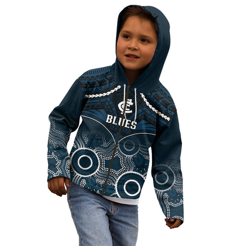 personalised-carlton-football-kid-hoodie-blues-aboriginal-mix-polynesian-pattern