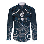 personalised-carlton-football-long-sleeve-button-shirt-blues-aboriginal-mix-polynesian-pattern