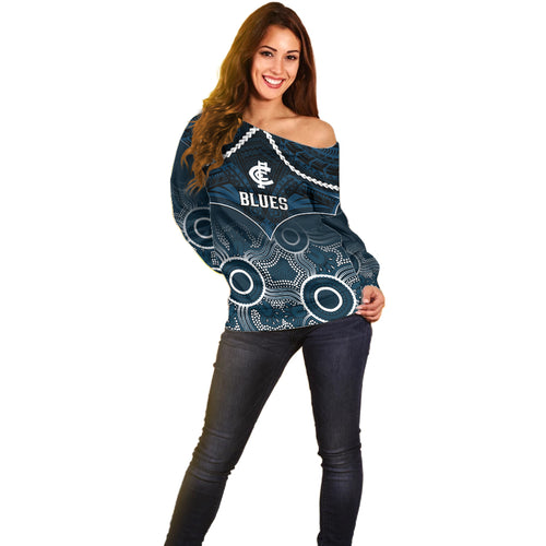 personalised-carlton-football-off-shoulder-sweater-blues-aboriginal-mix-polynesian-pattern