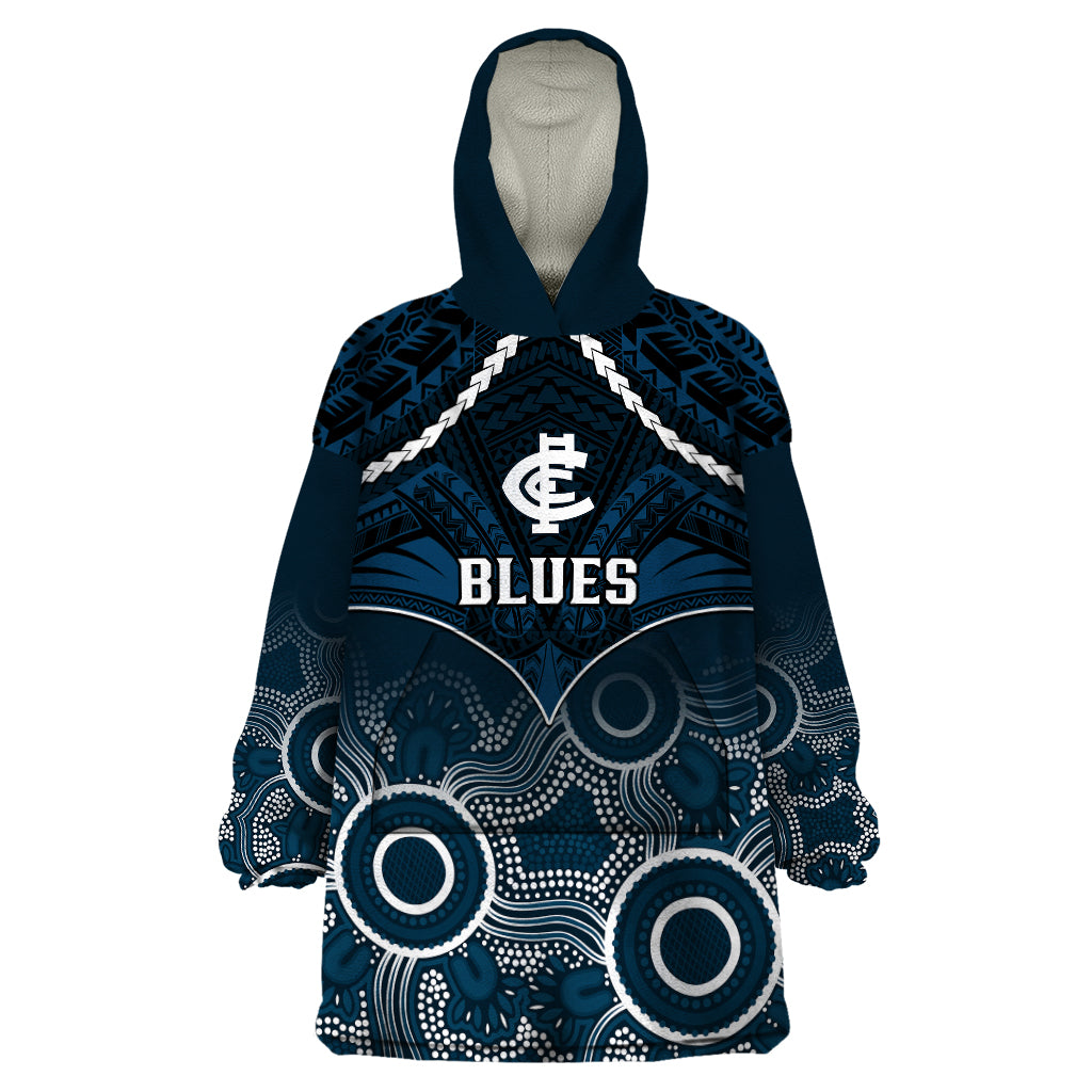 personalised-carlton-football-wearable-blanket-hoodie-blues-aboriginal-mix-polynesian-pattern
