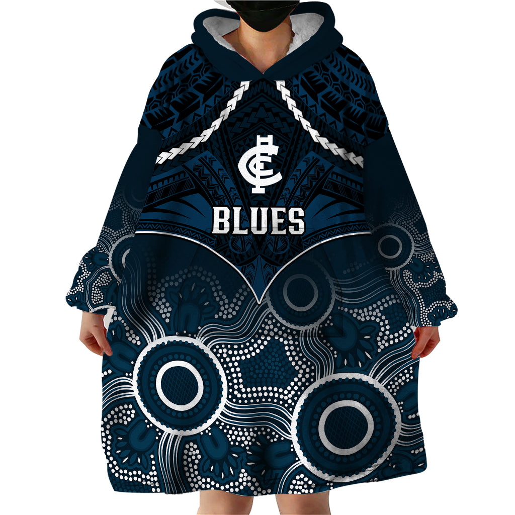 personalised-carlton-football-wearable-blanket-hoodie-blues-aboriginal-mix-polynesian-pattern