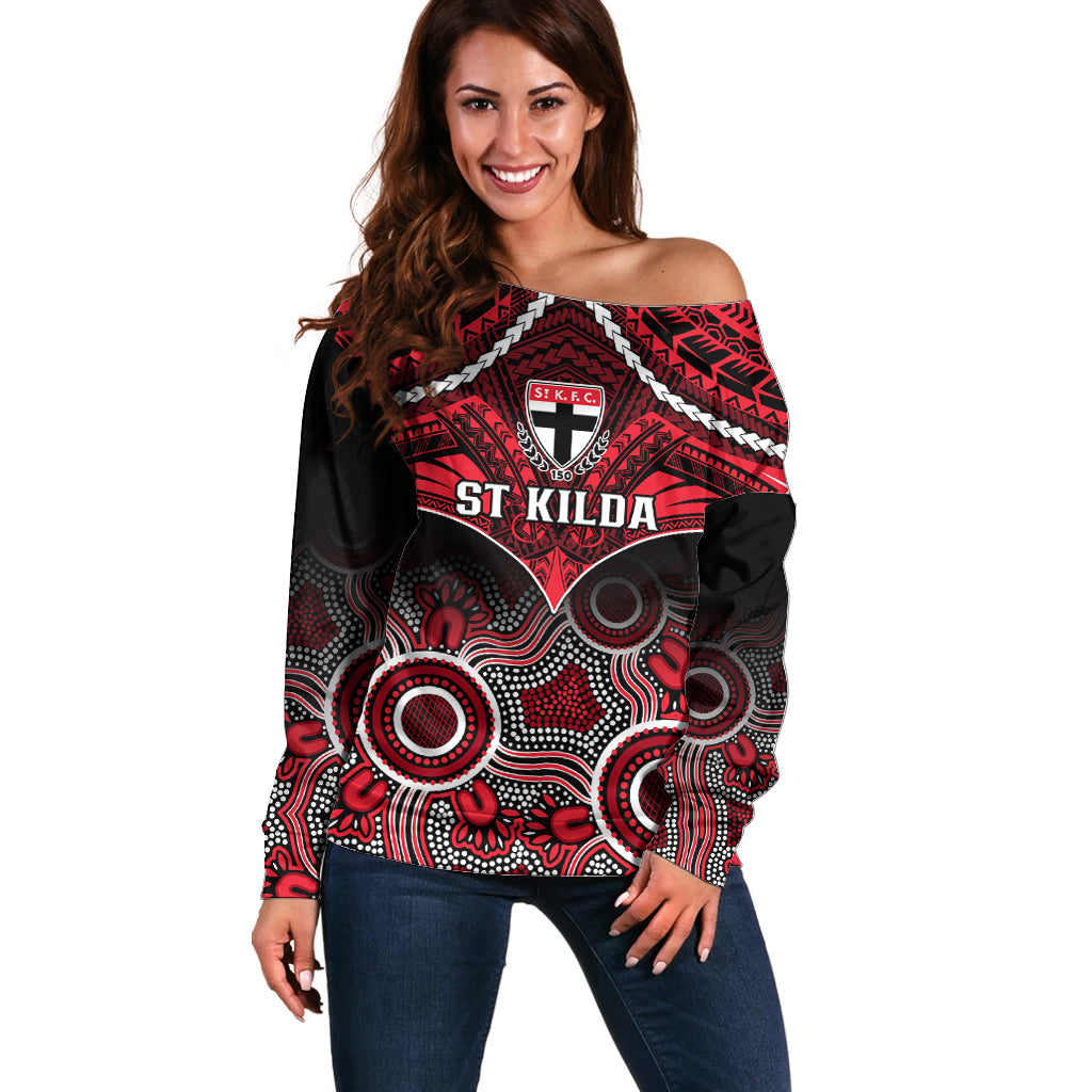 St Kilda Football Off Shoulder Sweater Saints Aboriginal Mix Polynesian Pattern LT14
