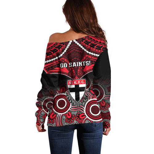 St Kilda Football Off Shoulder Sweater Saints Aboriginal Mix Polynesian Pattern LT14