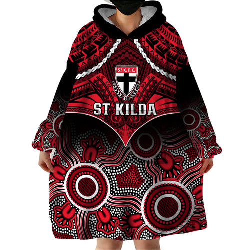 St Kilda Football Wearable Blanket Hoodie Saints Aboriginal Mix Polynesian Pattern LT14