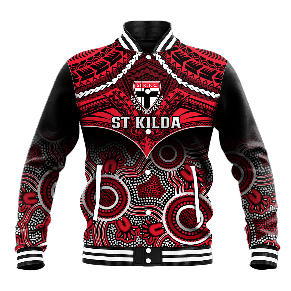 Personalised St Kilda Football Baseball Jacket Saints Aboriginal Mix Polynesian Pattern LT14