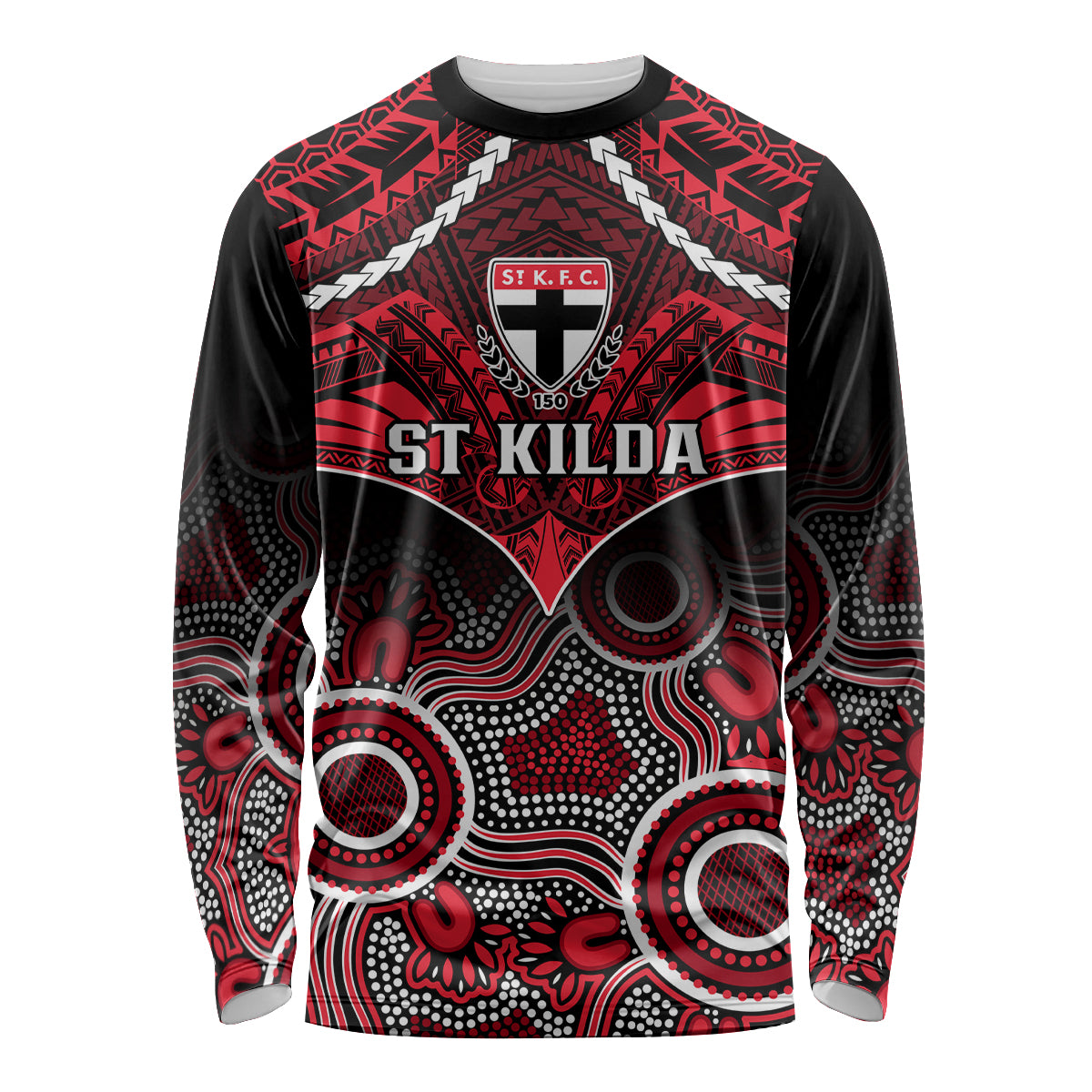 Personalised St Kilda Football Long Sleeve Shirt Saints Aboriginal Mix Polynesian Pattern LT14