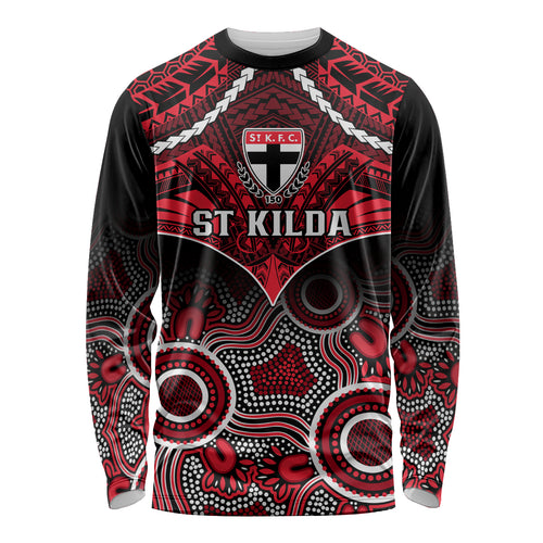 Personalised St Kilda Football Long Sleeve Shirt Saints Aboriginal Mix Polynesian Pattern LT14