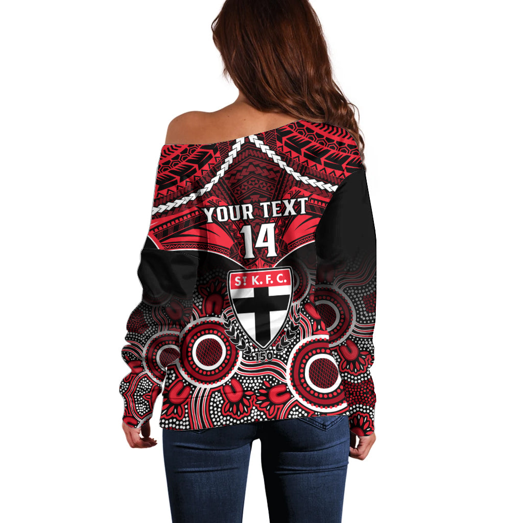 Personalised St Kilda Football Off Shoulder Sweater Saints Aboriginal Mix Polynesian Pattern LT14