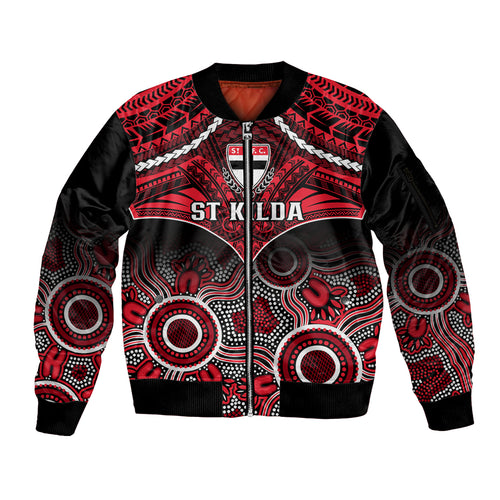 Personalised St Kilda Football Sleeve Zip Bomber Jacket Saints Aboriginal Mix Polynesian Pattern LT14
