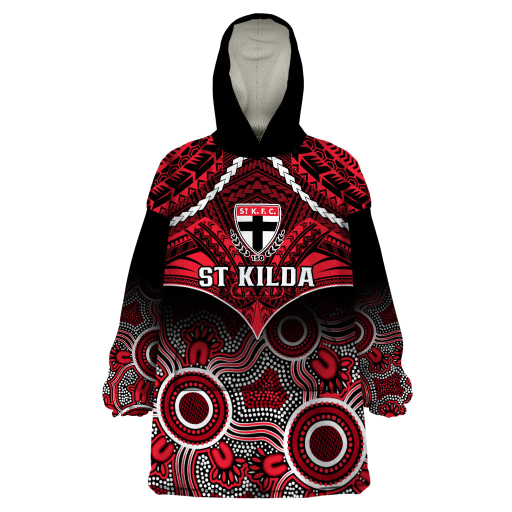 Personalised St Kilda Football Wearable Blanket Hoodie Saints Aboriginal Mix Polynesian Pattern LT14