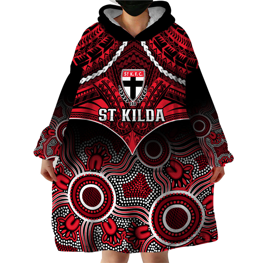 Personalised St Kilda Football Wearable Blanket Hoodie Saints Aboriginal Mix Polynesian Pattern LT14