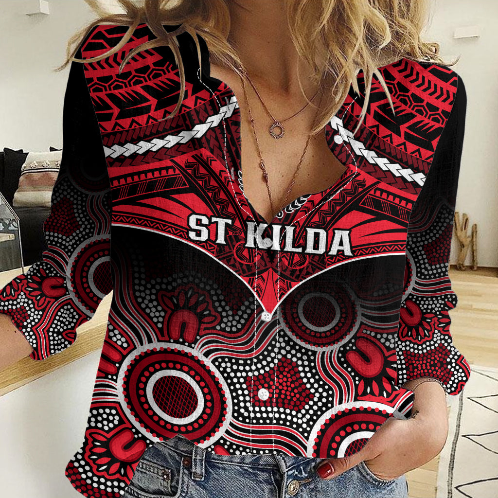 Personalised St Kilda Football Women Casual Shirt Saints Aboriginal Mix Polynesian Pattern LT14